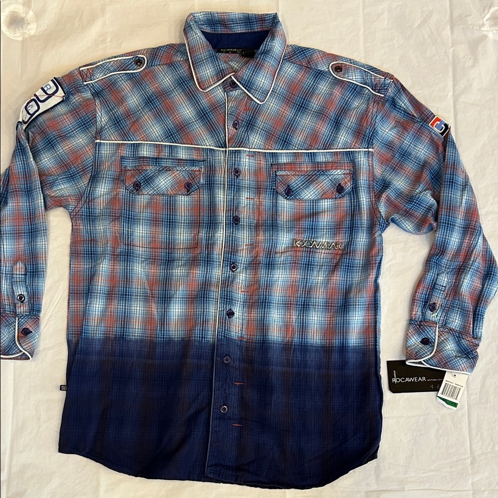 Rocawear Blue and Red Gradient Plaid Shirt
